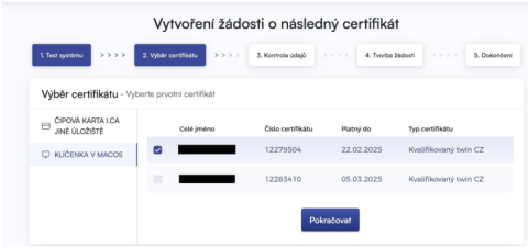 Následný certifikát